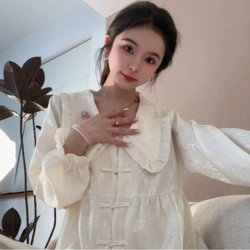 VINEEMAN新中式娃娃领睡衣女薄款春季时尚气质国风宽松家居服套装