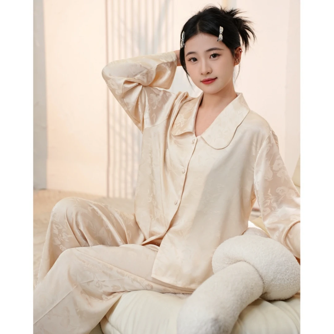 韵华新中式大码女套装新款纯色长袖两件套时尚江南提花断面家居服