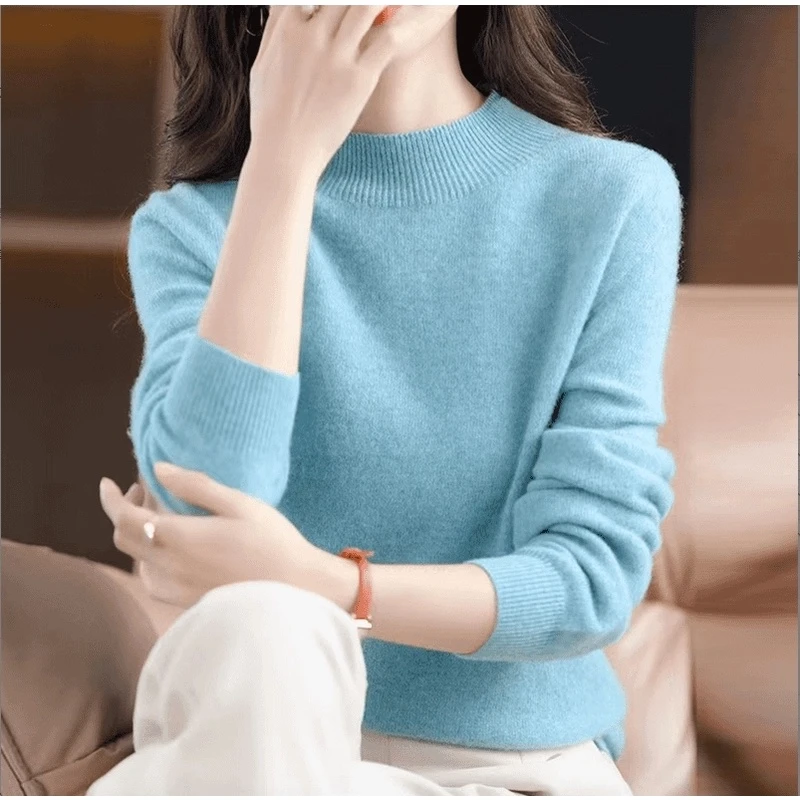 【一线成衣】秋冬新款100%羊毛半高领长袖针织衫百搭宽松套头打底