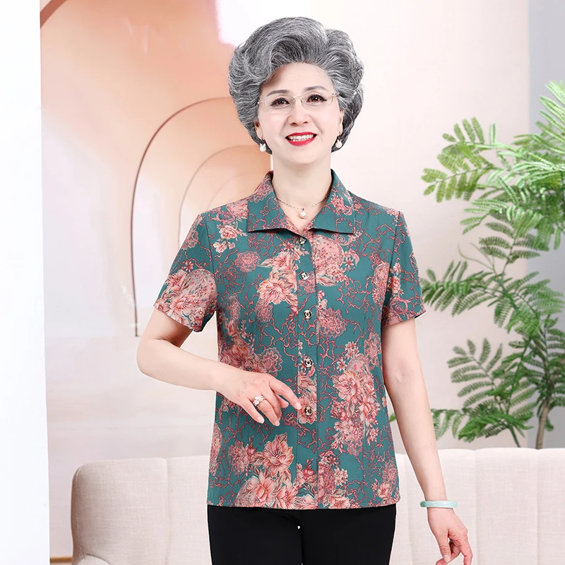 中老年女装妈妈装夏装宽松短袖t恤上衣开衫夏季衬衫半袖遮肚小衫