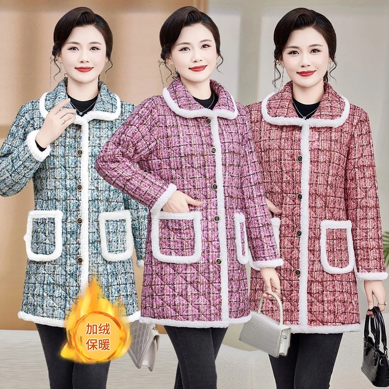 中老年人女装冬装中长款加绒加厚棉衣棉服冬季妈妈装保暖棉袄外套