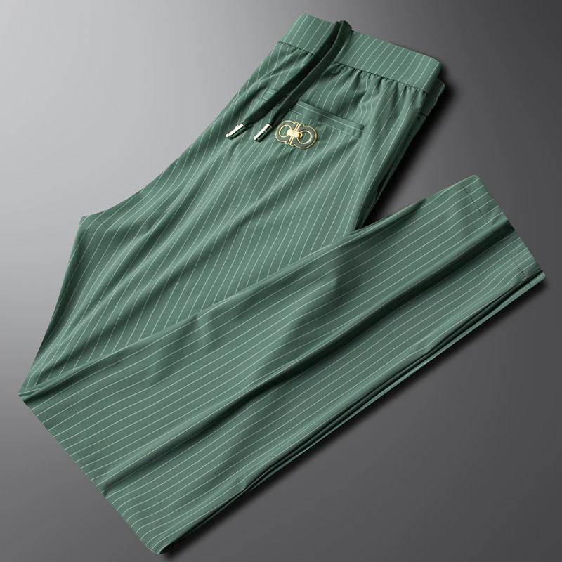 轻奢夏季薄款冰丝速干垂感浅绿色条纹休闲裤男款修身潮牌刺绣长裤