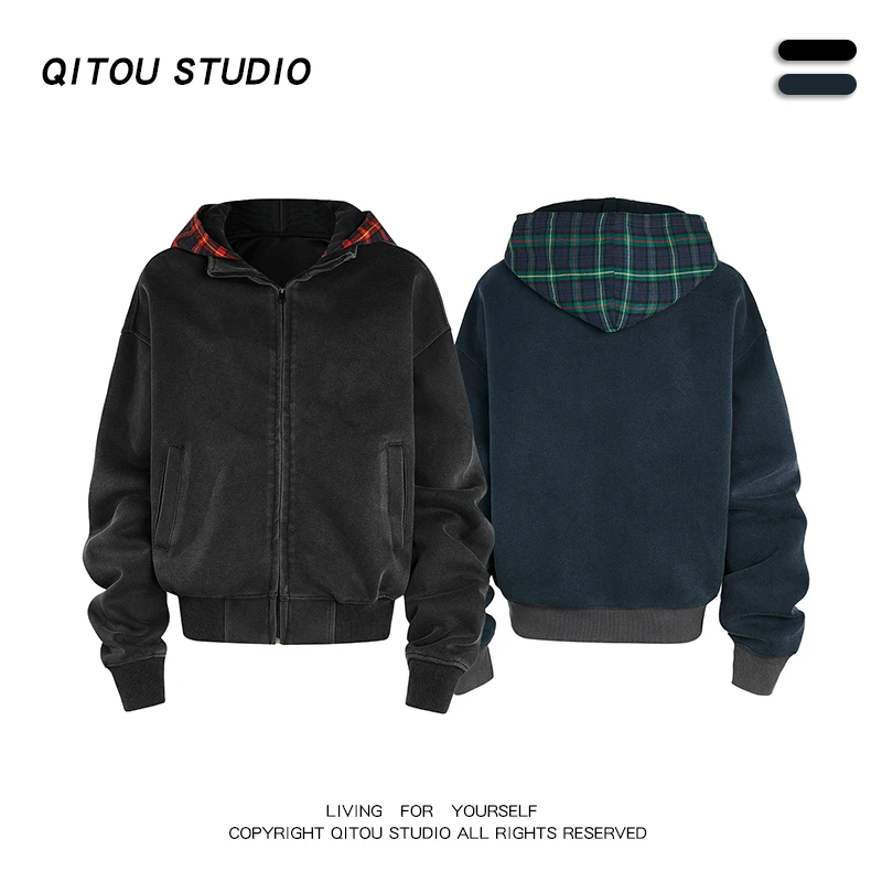 2024秋冬美式复古街头假两件格子连帽拉链卫衣男女百搭休闲外套潮