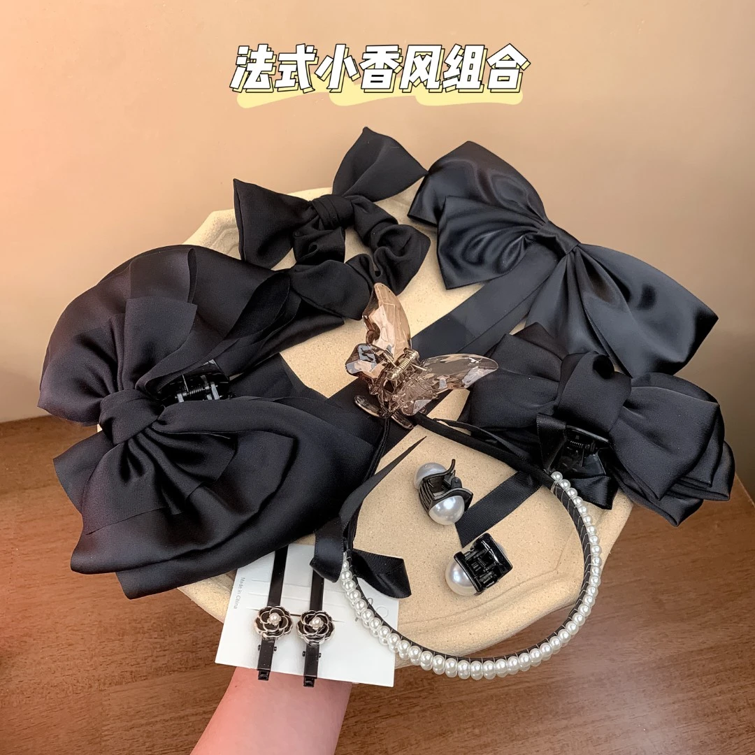 法式小香风组合 超大号蝴蝶结马尾夹飘带弹簧夹扎头发缎面简约