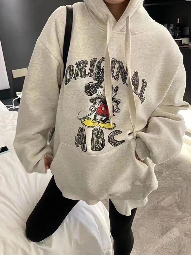 美得很  루루가−韩国东大门拼接卡通米奇连帽卫衣女24年冬宽松帽衫潮