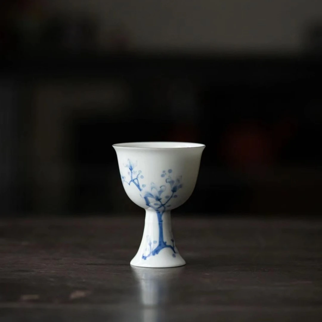 【一合堂】青花玉兰花高足杯主人铃铛杯手工功夫茶具茶道配件陶瓷