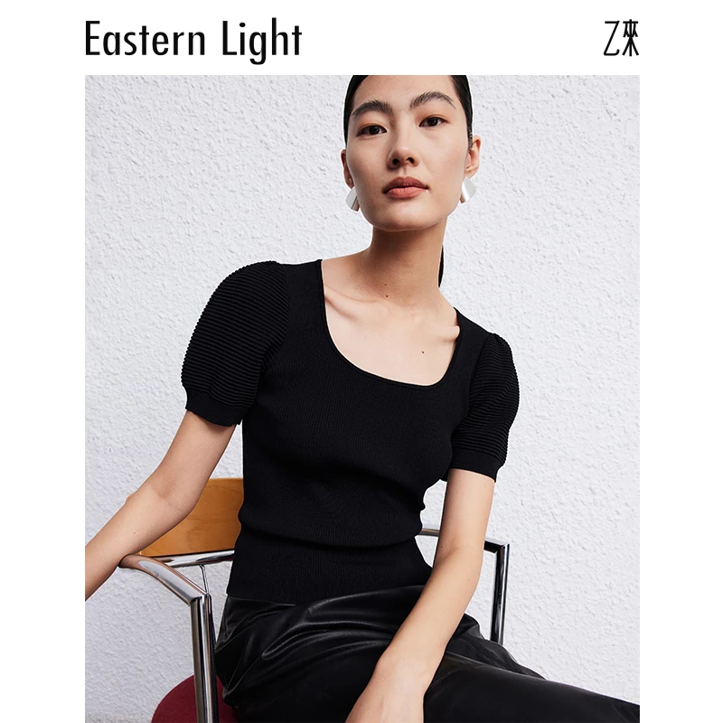 Eastern Light/乙来夏季设计感小众修身花苞袖针织小衫气质女士EL
