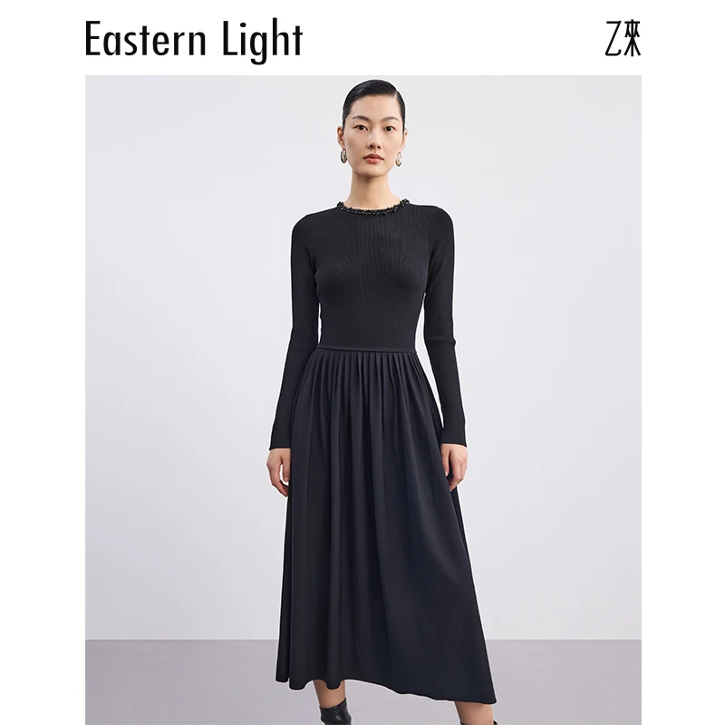 Eastern Light/乙来秋冬日常显瘦法式钉珠毛织连衣裙气质女士长裙