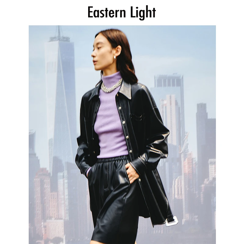 Eastern Light乙来早秋PU夹克黑色套装潮流时尚女上衣皮衣外套