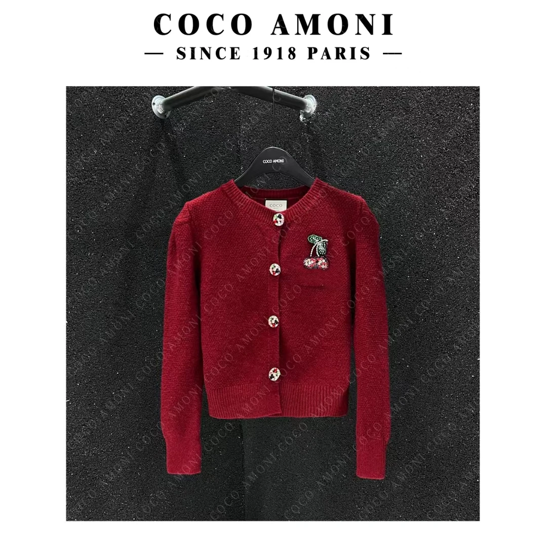 小香风樱桃字母镶钻圆领泡泡袖短款时尚长袖针织衫 NX029