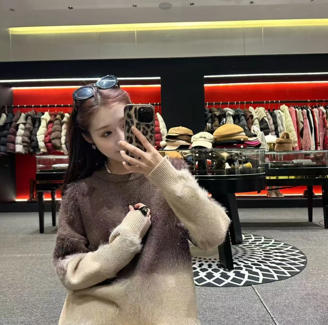 复古美拉德渐变字母植绒短款圆领毛衫长袖毛衣针织衫女NZ615