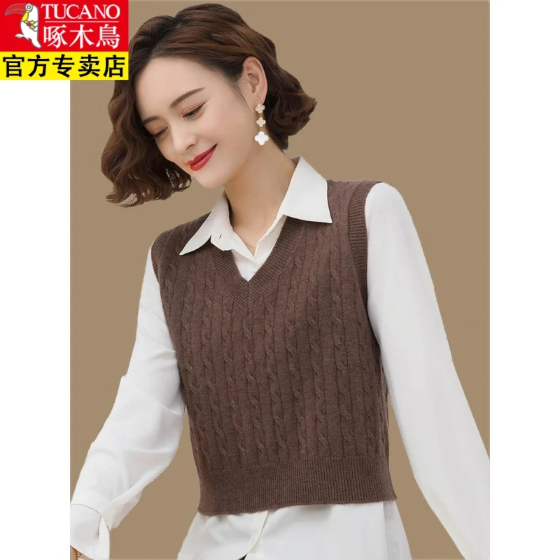 啄木鸟啄木鸟毛衣马甲背心针织女春秋V领2023新款外穿配衬衫短款