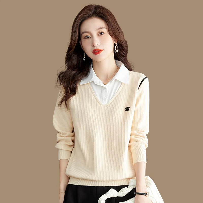 啄木鸟啄木鸟假两件上衣女针织打底衫秋装羊毛衫宽松百搭洋气衬衫