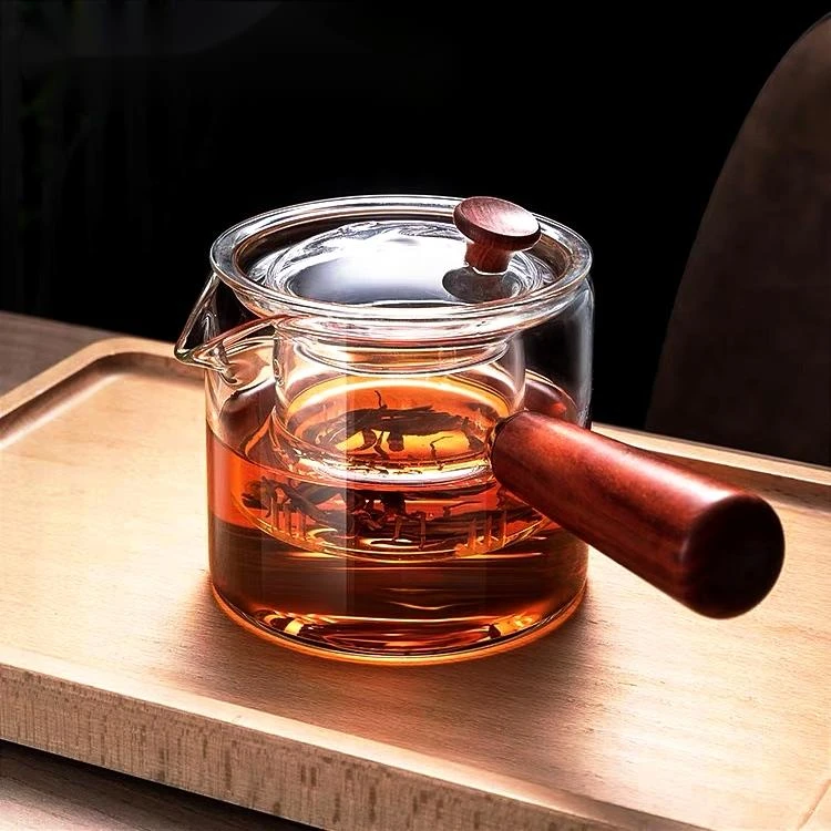 侧把茶壶耐热玻璃煮茶器耐高温泡茶壶木把单壶过滤功夫茶具单壶