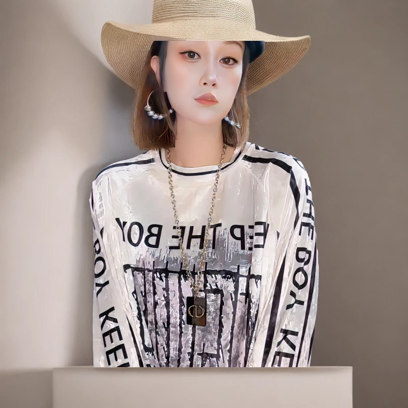 钻石丝绒高端韩版休闲显瘦百搭宽松中长款插肩袖印花字母上衣2310