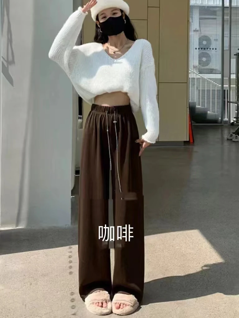 大码秋季新款高腰垂感丝绒阔腿休闲裤女宽松显瘦拖地直筒裤9801