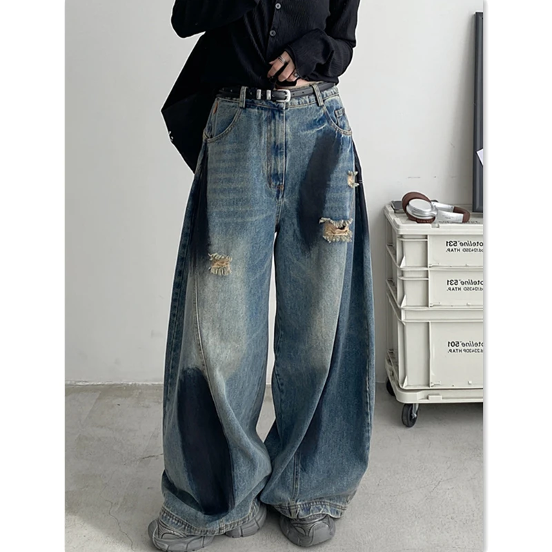 美式高街复古涂鸦破洞vibe牛仔裤男女宽松水洗做旧高腰灯笼阔腿裤