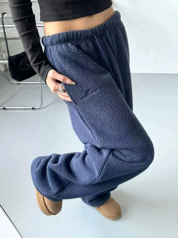 高腰抽绳直筒束脚卫裤女2024冬季新款宽松圈圈呢羊羔毛加厚休闲裤