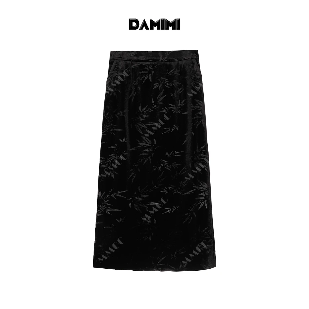 【竹意】新中式国风竹叶丝绒半身裙女秋冬2024新款后开叉长裙E6902