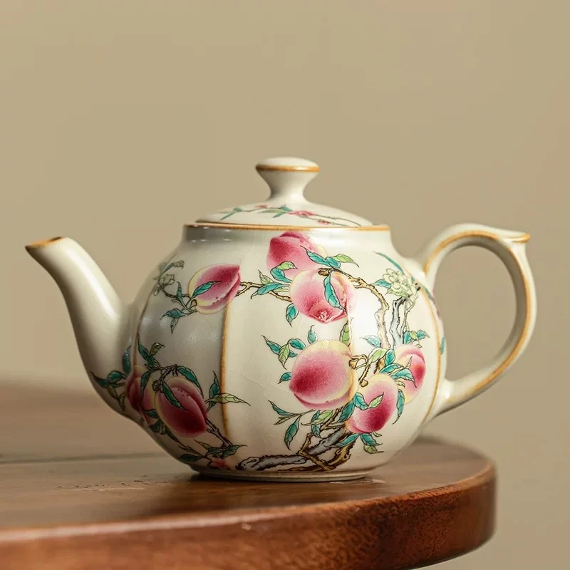 九桃五福米黄汝窑瓜棱壶复古家用陶瓷中式精致纯手工1325