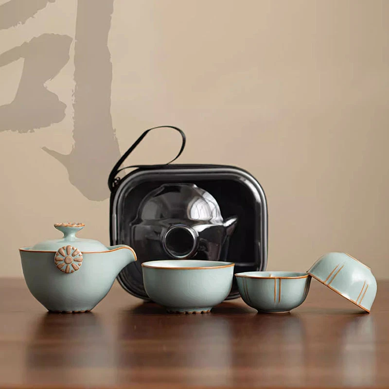 中式天青汝窑陶瓷旅行茶具套装快客杯便携款式手抓壶茶杯品茗