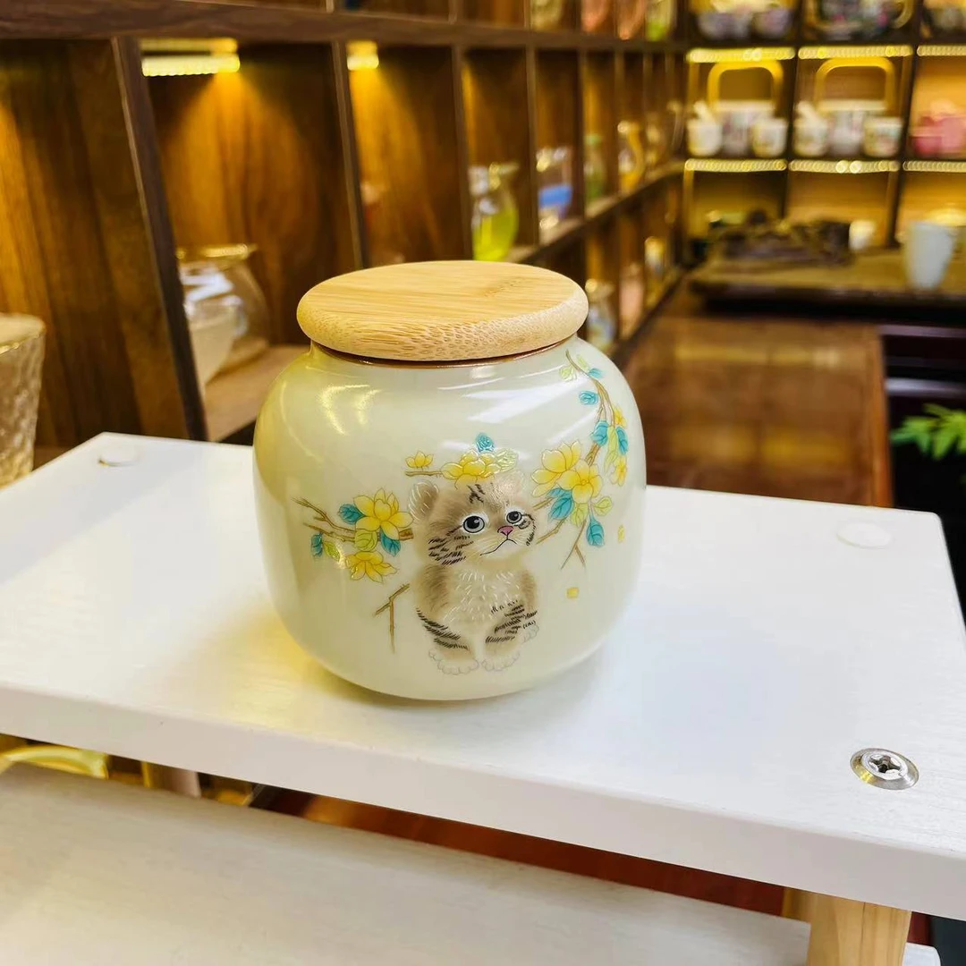 米黄汝窑开片猫咪小号茶叶罐可爱家用小罐子储物罐1158