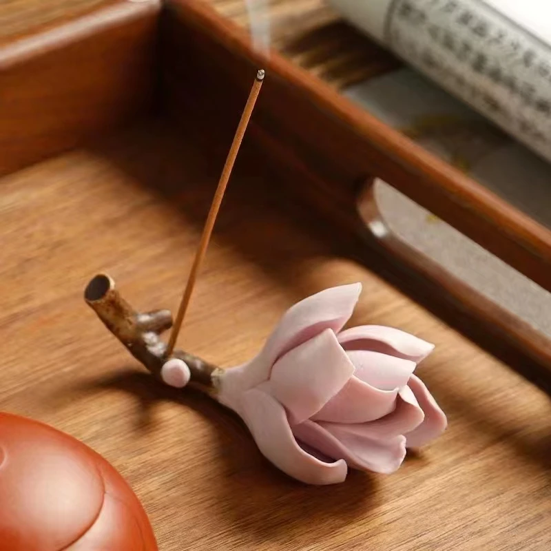 复古手工陶瓷玉兰花线香香插摆件茶宠笔搁笔架茶玩创意1121
