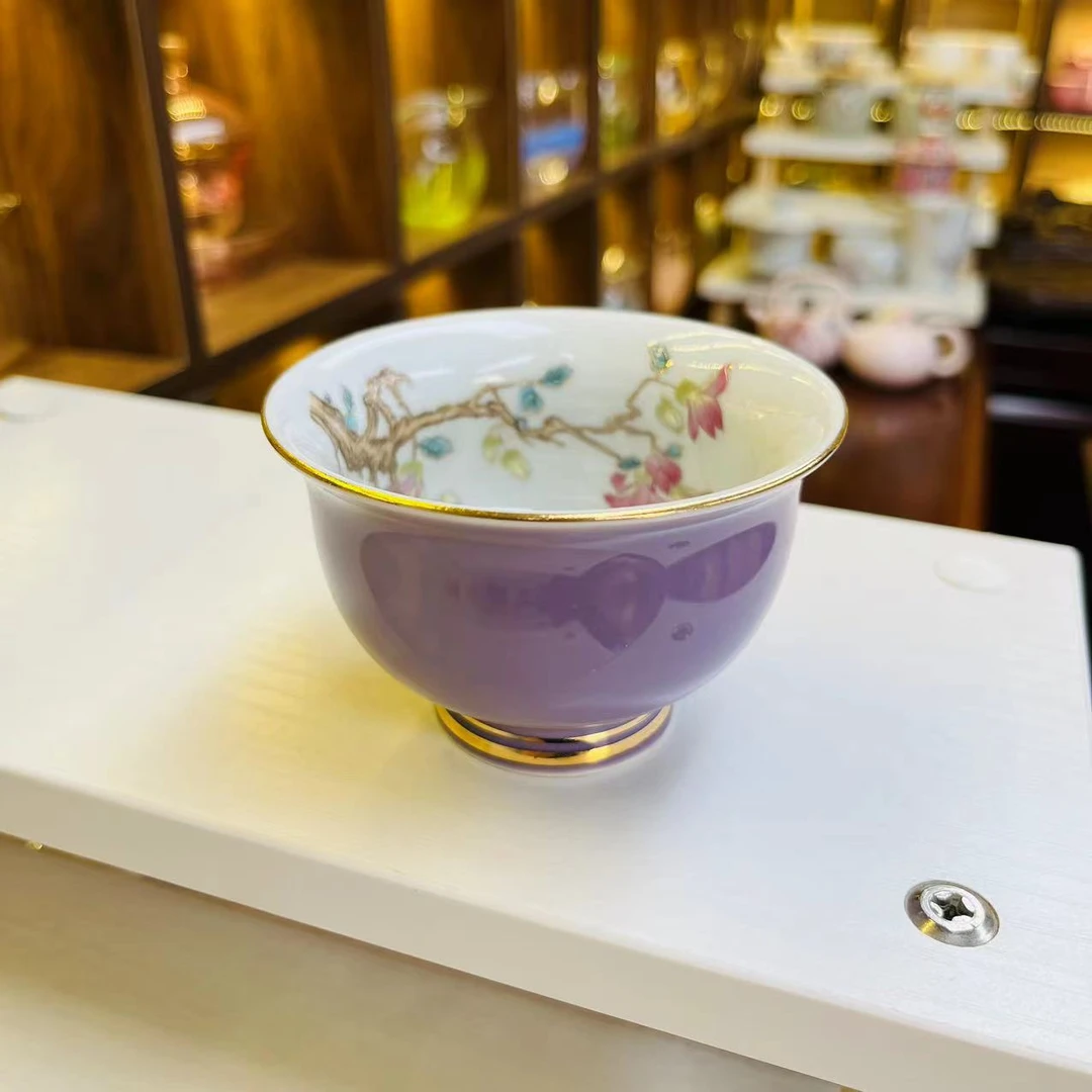 紫色描金內绘女士陶瓷锦鲤主人杯压手杯1092