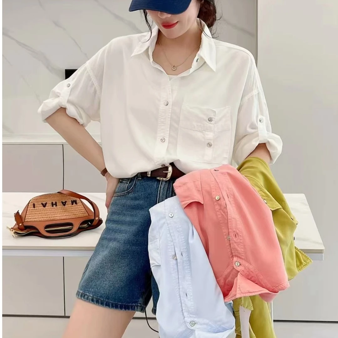 薄款垂感天丝衬衫女春夏简约纯色衬衫宽松韩版翻领时尚休闲百搭潮