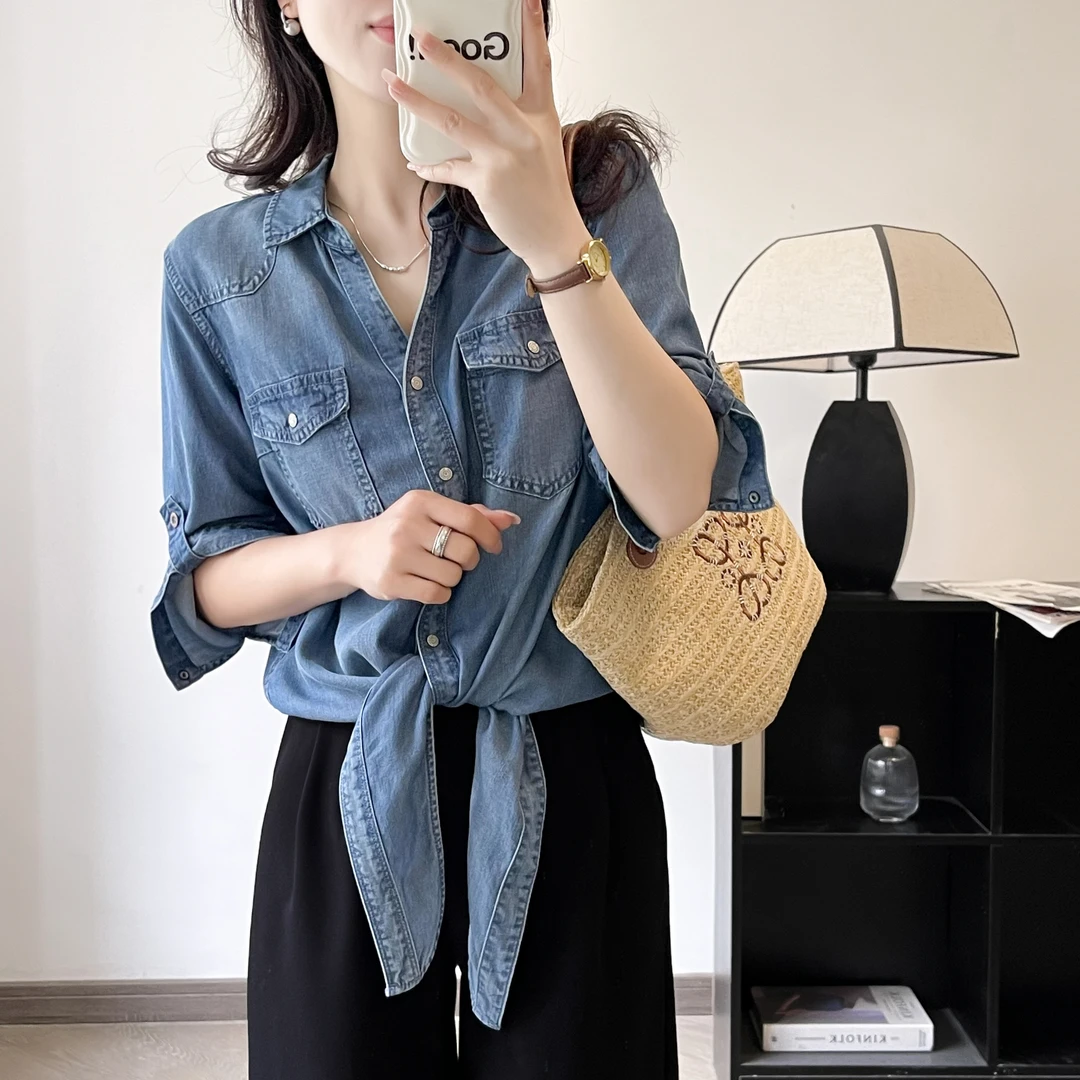 天丝薄款百搭夏季新款五分短袖牛仔衬衫打结上衣时尚衬衫短款休闲