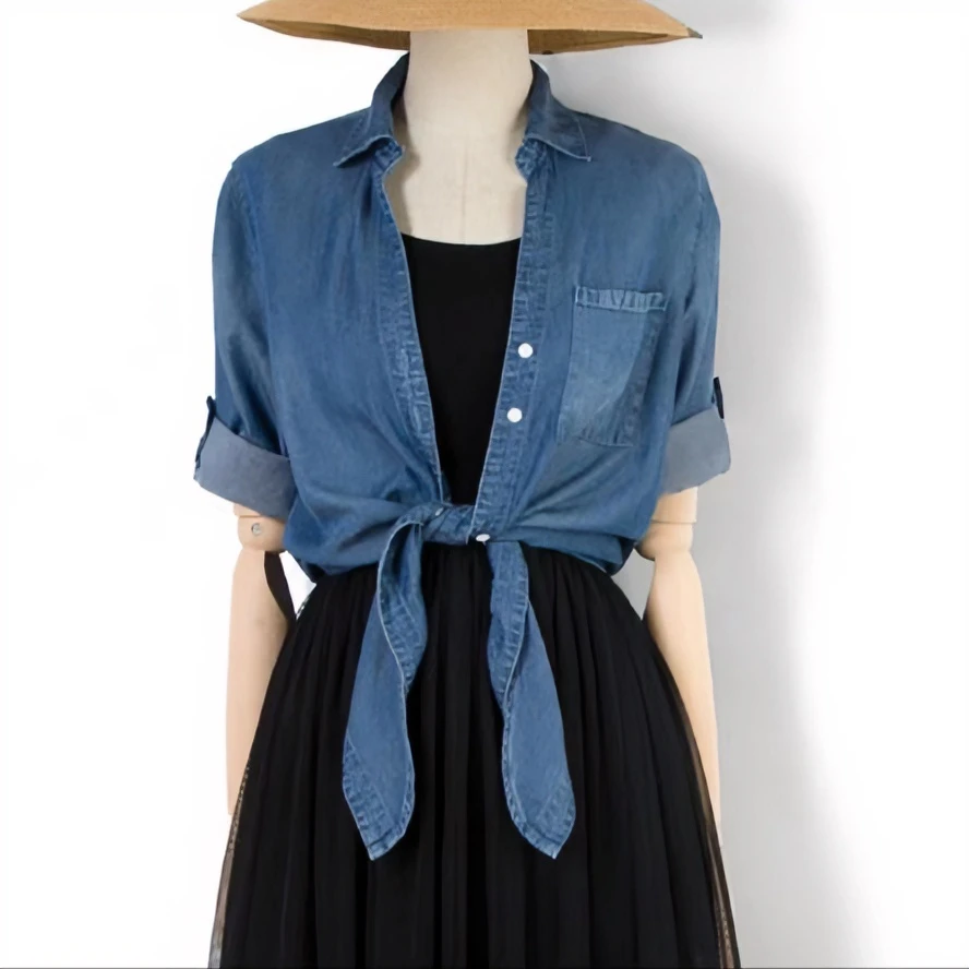 【琪瑜精选】夏薄款时尚百搭天丝中袖挽袖下摆打结V领短款牛仔衬衫