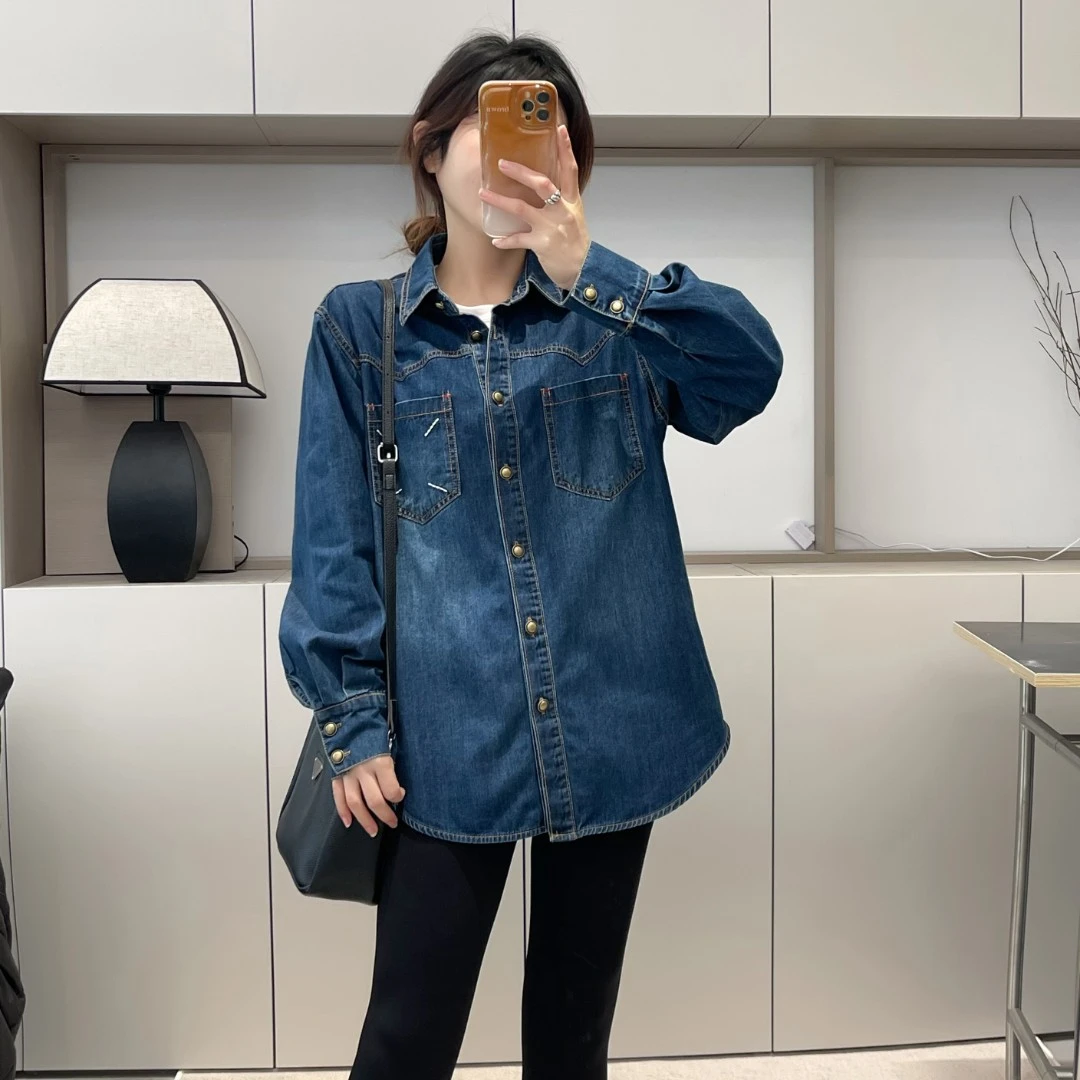 加绒牛仔衬衫女秋冬叠穿翻领中长款宽松百搭复古休闲显瘦加厚衬衫