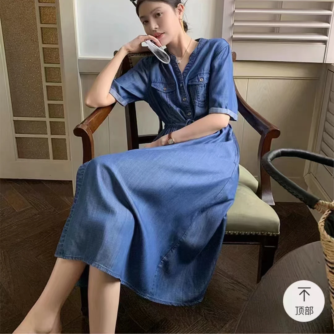 法式收腰天丝牛仔连衣裙子复古高端时尚中长款夏季气质显瘦裙子