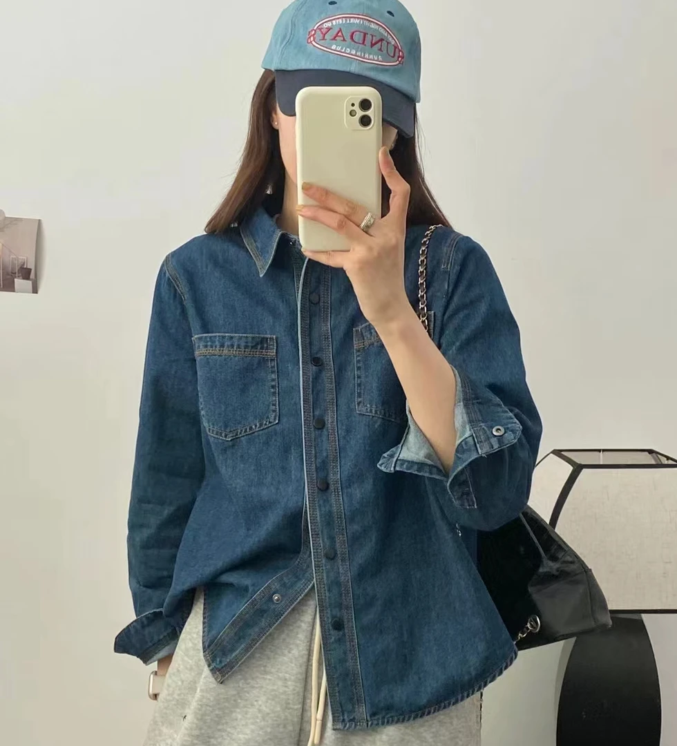 小个子长袖牛仔衬衫女春季新款百搭上衣休闲时尚蓝色水洗显瘦衬衣
