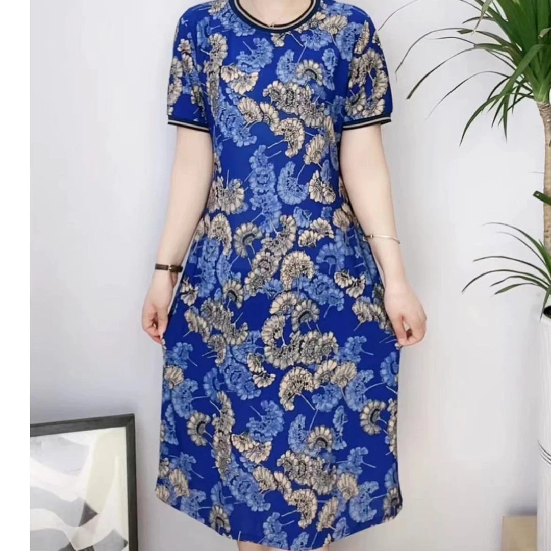 2024夏季新款中年女式大码洋气超显瘦短袖遮肚透气妈妈装连衣裙