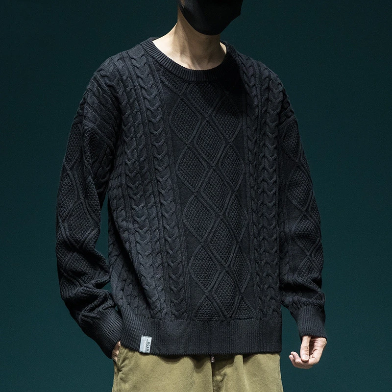 美式复古潮牌粗针麻花毛衣男宽松大码毛线衣秋冬圆领套头针织衫潮