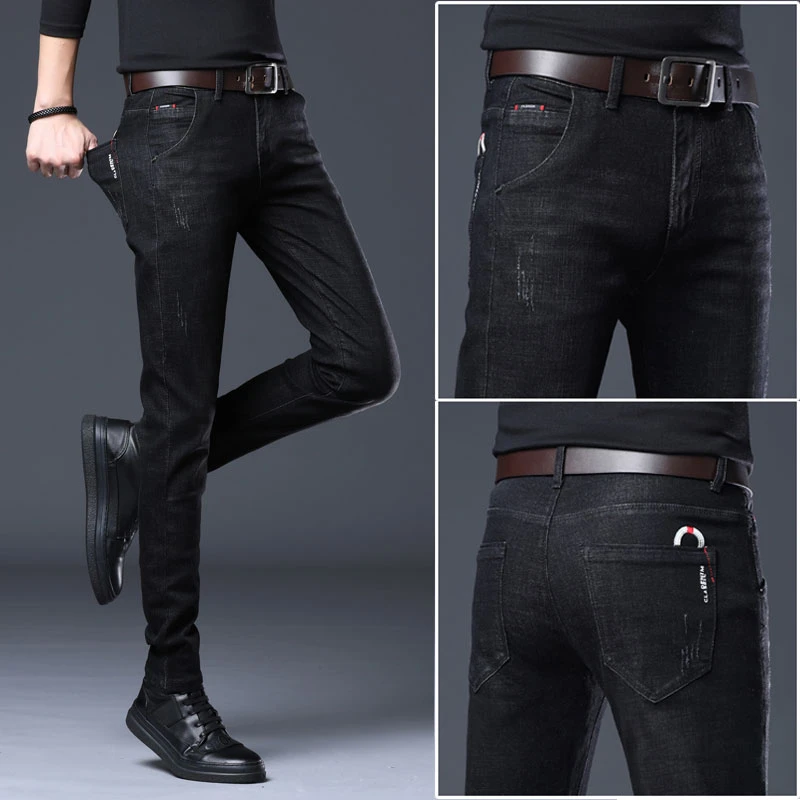 香港黑色牛仔裤男潮牌修身小脚弹力百搭夏季款休闲休闲男士长裤子