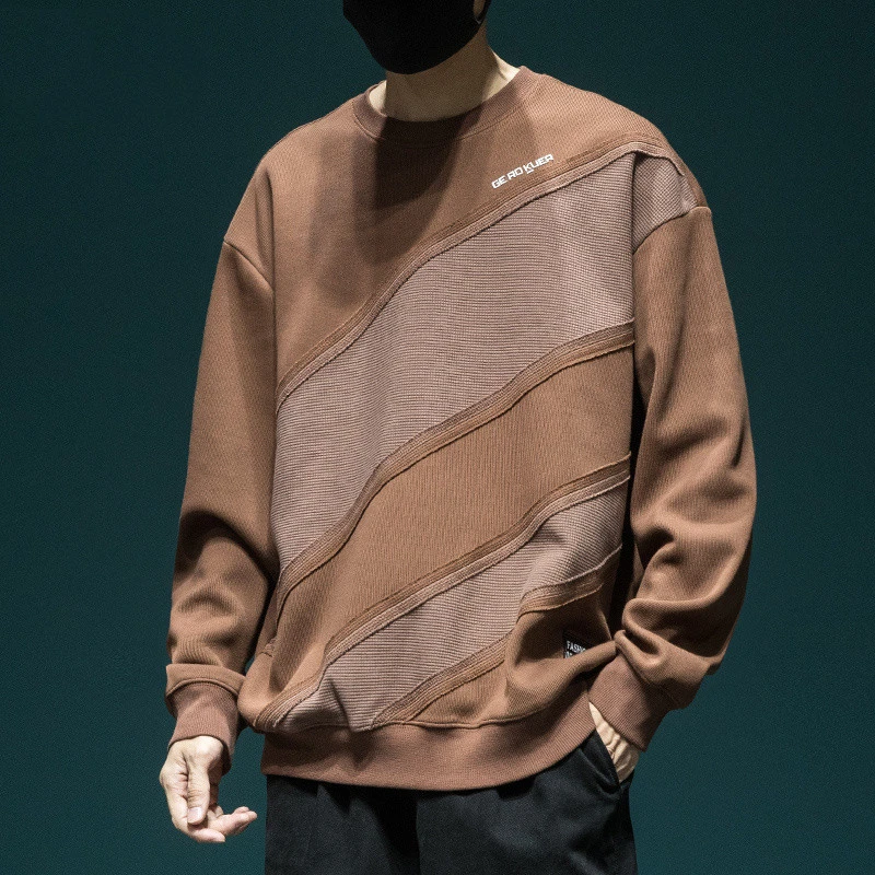 美式复古拼接卫衣男宽松大码休闲针织长袖秋冬潮牌小众设计感外套