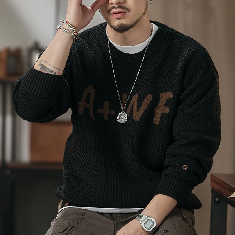 美式重磅毛衣男士秋冬季宽松圆领上衣男生潮牌保暖加厚针织衫外套