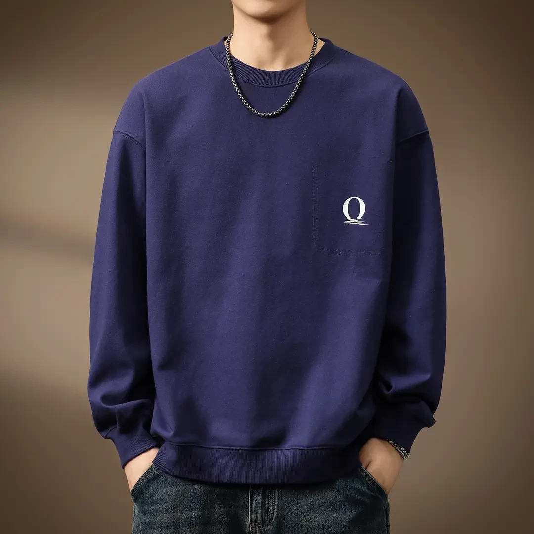 高端简约印花宽松长袖卫衣男夏季新款美式高街紫色潮牌休闲上衣男