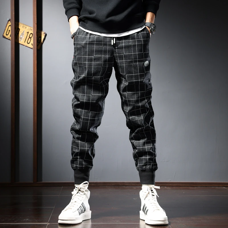 秋冬新款休闲裤男宽松美式英伦束脚哈伦男裤格子潮牌垂感大码长裤