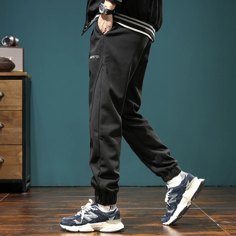 男士华夫格卫裤男束脚ins潮牌港风男裤2023新款休闲运动裤束脚裤