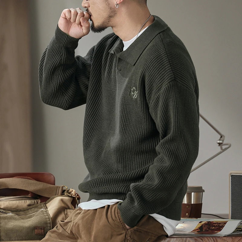 秋冬季翻领纯色套头长袖男士休闲百搭毛衣针织衫潮流韩版男装外套