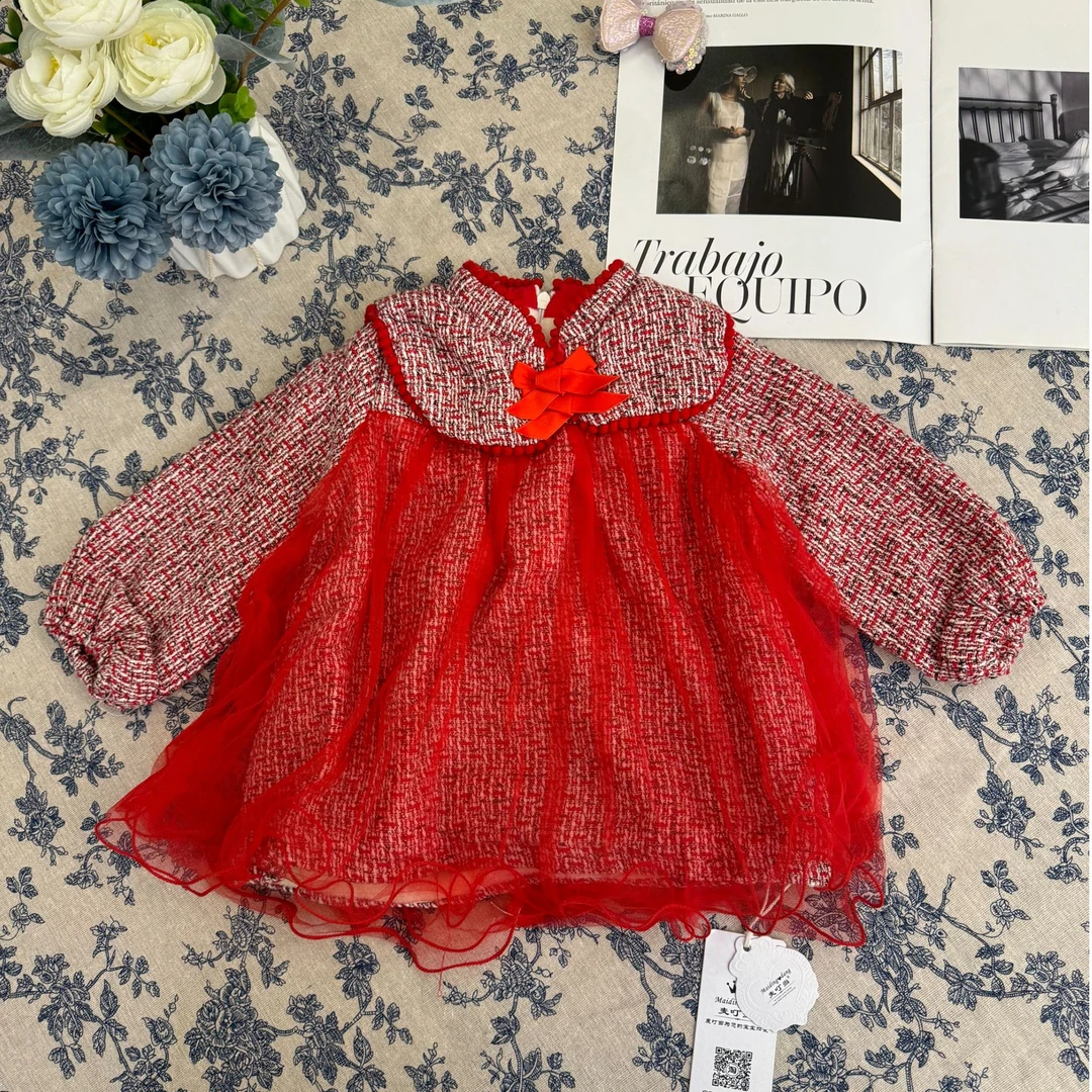 A字裙女中国风连衣裙冬季加绒千鸟格洋气国风宝宝红色礼服公主裙