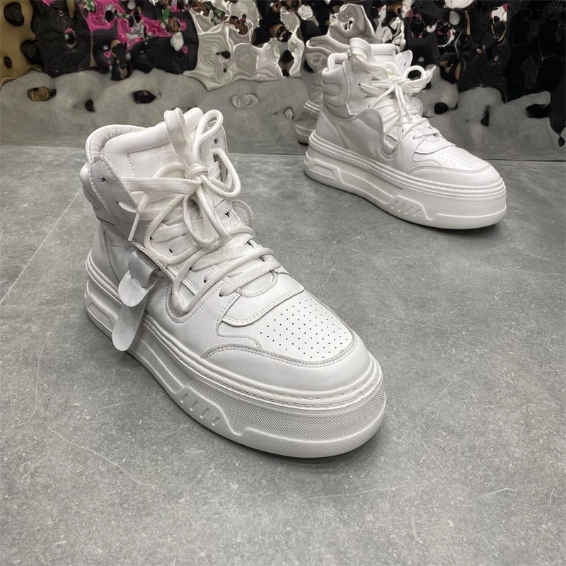 2023秋季爆款高帮板鞋白色运动鞋皮面厚底老爹鞋欧洲站休闲鞋男鞋