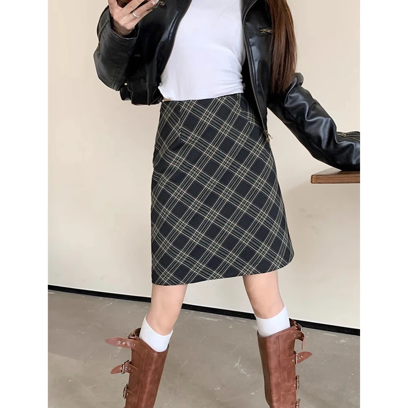 美式复古格子半身裙女秋冬新款ins格纹中长裙子高腰黑格中裙