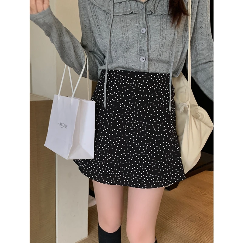 韩系甜美黑色波点a字半身裙女复古高腰显瘦小个子百搭短裙夏