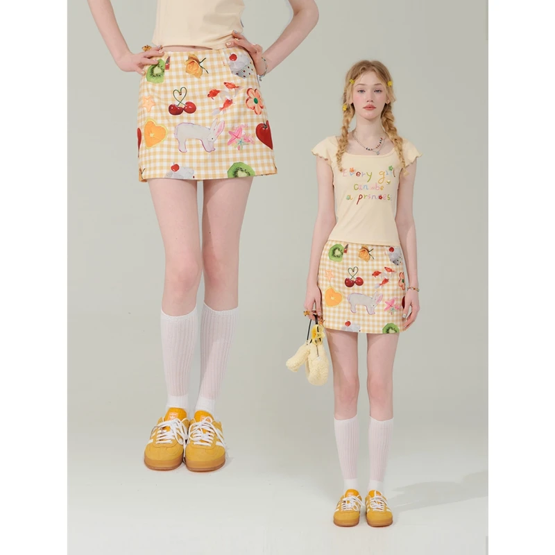 夏季美式复古设计感小众水果印花黄色高腰显瘦半身短裙女