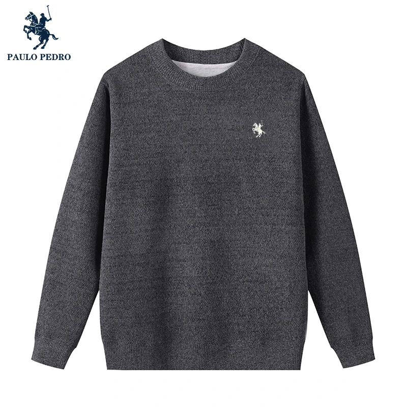 男士加绒毛衣简约百搭秋冬内搭针织衫男加厚圆领保暖长袖打底毛衣