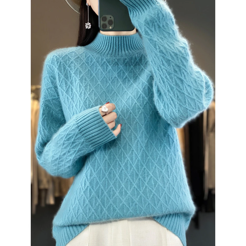 重磅推荐~7针加厚羊绒衫~ 菱形三角设计感圆领女宽松套头毛衣打底